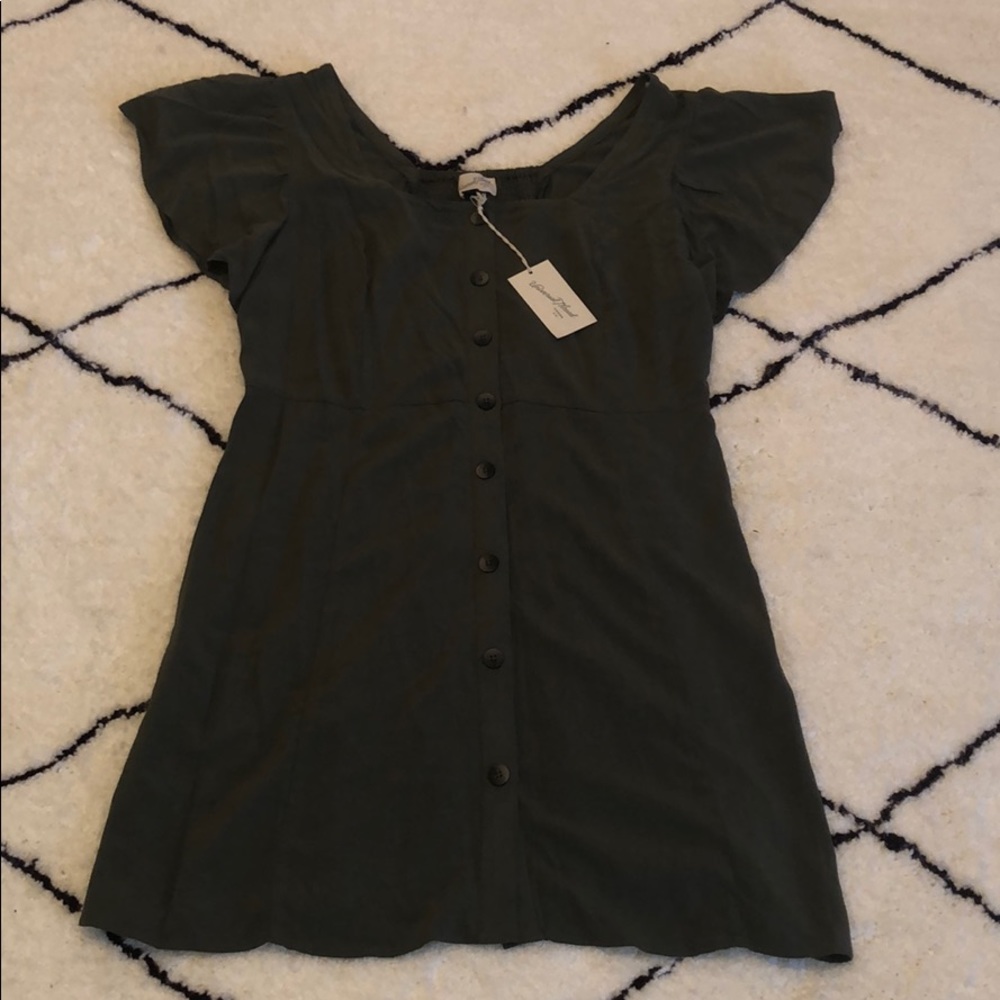 Olive green shift dress with flutter sleeves
